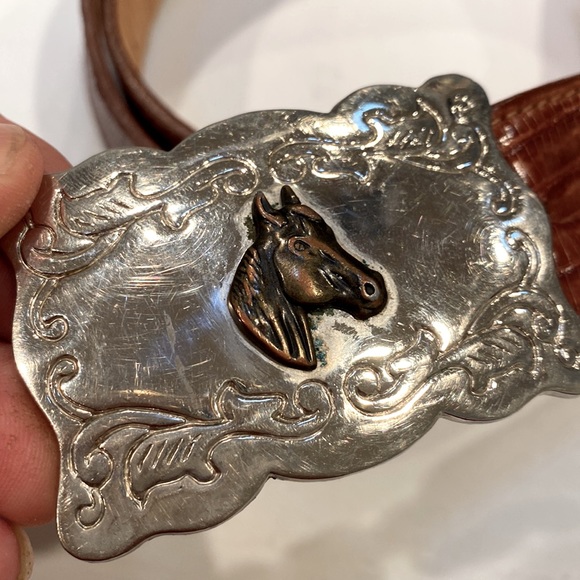 Justin lizard men belt with horse 🐴 head on silver tone buckle size 36” VINTAGE